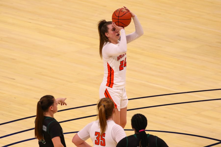 Kenzie Lewis shoots a free throw in BGSUs 63-47 MAC Quarterfinal victory over Eastern Michigan at Rocket Mortgage Fieldhouse on Wednesday, March 10, 2021. Lewis was 8 of 10 from the line in the game. 
