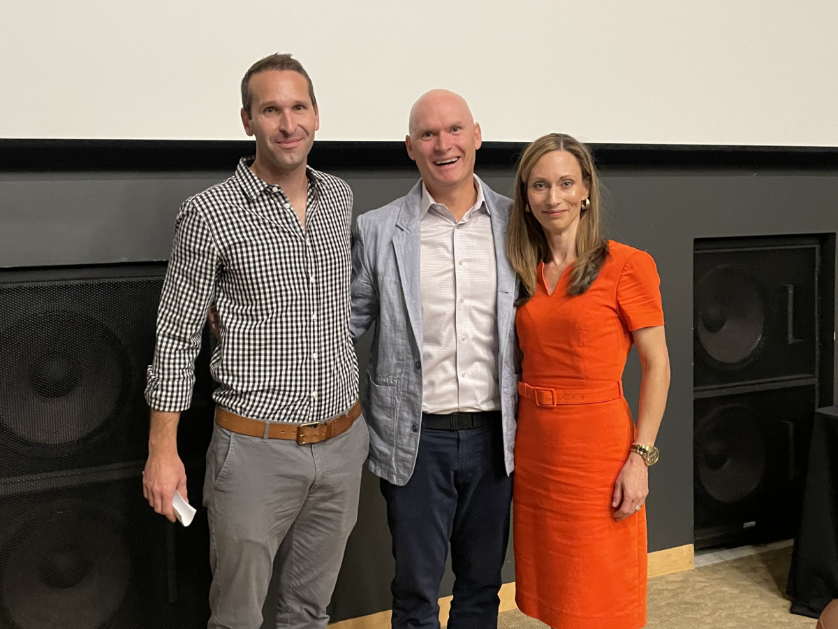English Department teaching professor Brad Felver [LEFT], Anthony Doerr [MIDDLE], and English Department Chair and professor Stephanie Gearhart [RIGHT].