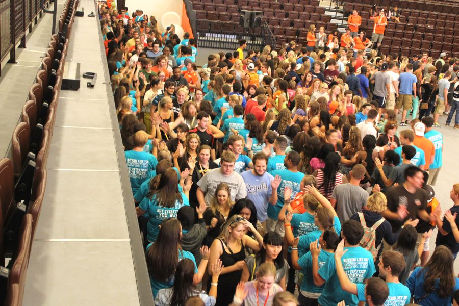 Upperclassmen welcome incoming freshman during Playfair Saturday night at the Stroh Center.