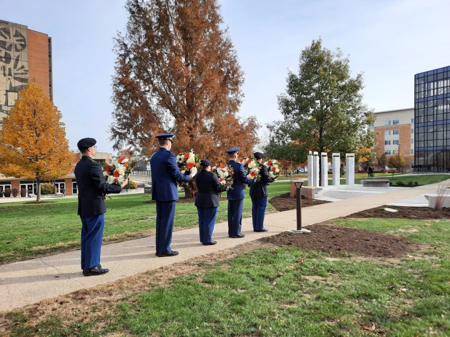 The BGSU Veterans Memorial sits in Carillon Park in front of the Jerome Library