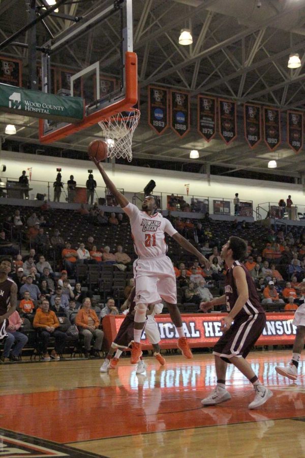 Chauncey Orr makes a layup against Earlham College. The Falcons won 102-49 this past Saturday.