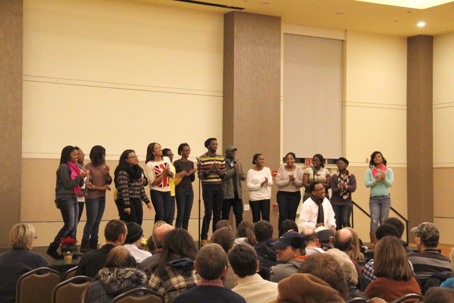 Singers in The Gospel Choir perform holiday songs in the Union Ballroom on Thursday night. The event raised money for those with developmental dissabilities.