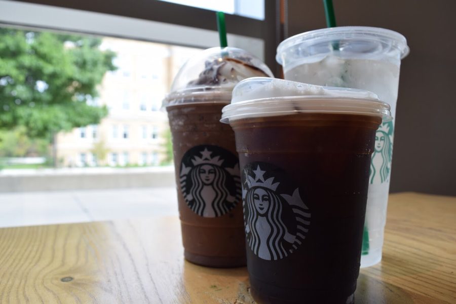 Three cold drinks sit in the Bowen-Thompson Student Union Starbucks.