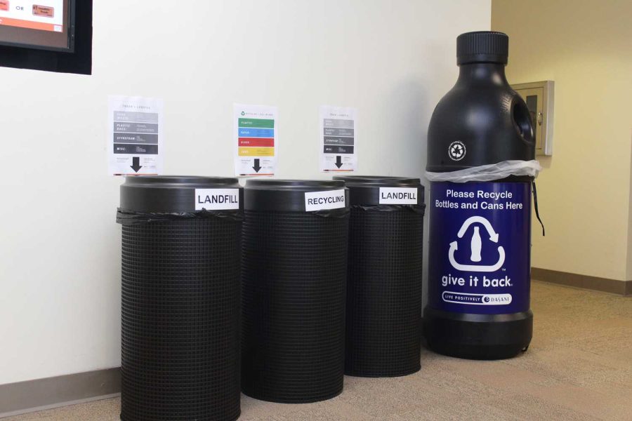 Labeled Trash containers in the union encourage students to recycle by making students think about where their garbage goes.