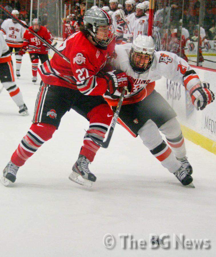 Ted Pletsch, BG forward, races an Ohio State opponent to the
puck. BG beat the Buckeyes earlier this season with back-to-back
shootout wins at home.