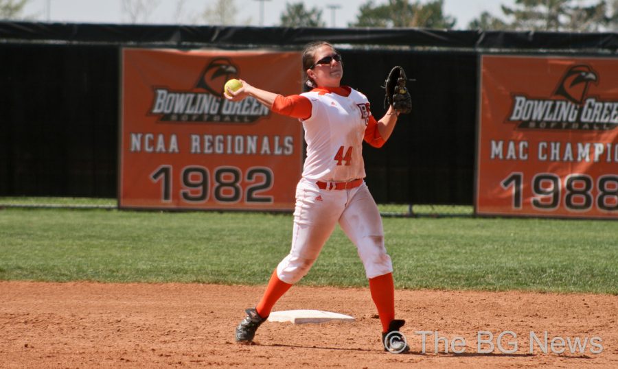 Hannah Fulk, BG shortstop, throws the ball to first base during the Falcons’ 5-2 win against Eastern Kentucky earlier this season.