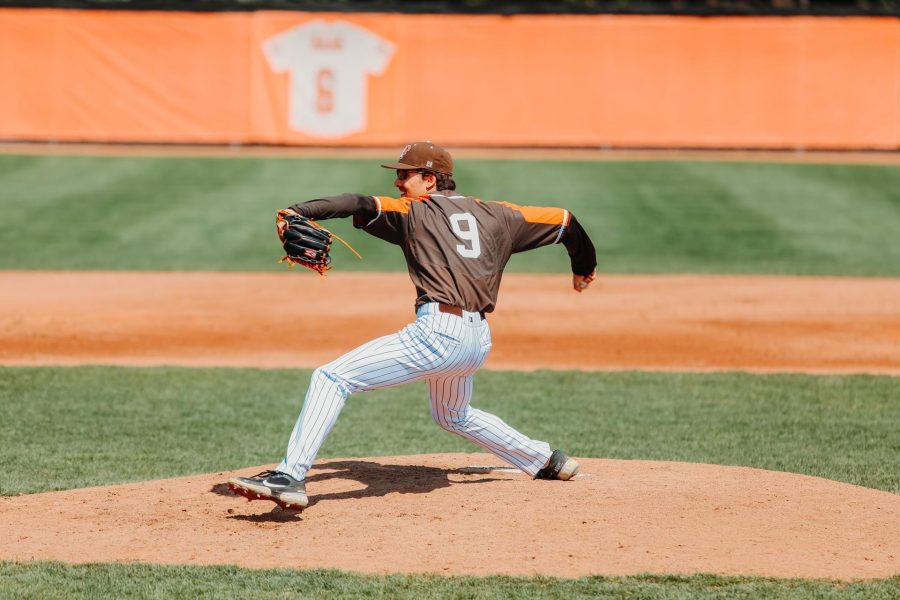 Andrew Abrahamowicz throws a pitch at a home BGSU baseball game. Abrahamowicz threw a complete game one-hitter in BGSU baseballs 3-2 win over Central Michigan on Saturday, April 10, 2021. 