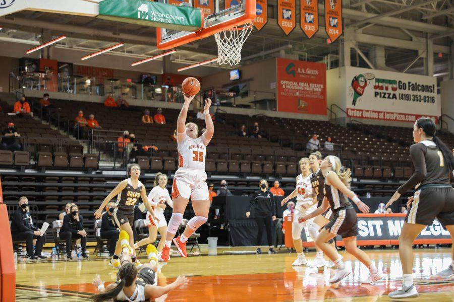 Kadie Hempfling of the Bowling Green Womens Basketball team goes up for a layup in their season opener at the Stroh Center on Sunday, Nov. 29, 2020.