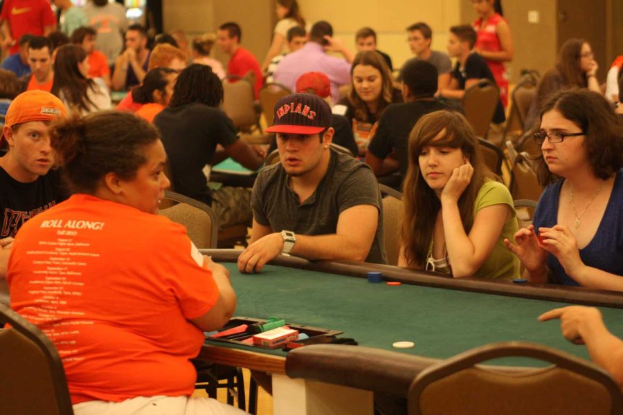 Students play Blackjack at Casino Night in the Union Ballroom.