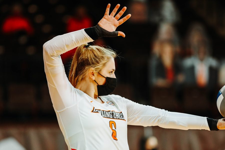 Petra Indrova serves the ball in a matchup at the Stroh Center. BGSU volleyball went 20-1 during the regular season and are preparing for the MAC tournament tomorrow.