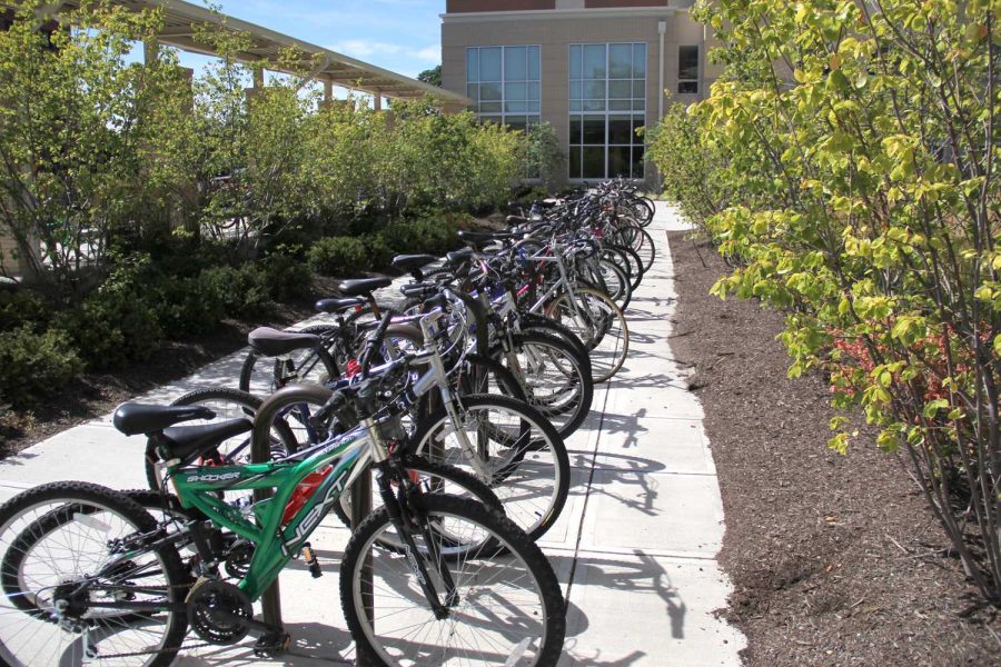 A packed row of bikes on the racks outside Falcon Heights on Tuesday.