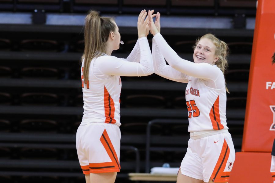 Kenzie+Lewis+%28left%29+and+Lexi+Flemming+%28right%29+high+five+during+BGSU+Womens+Basketballs+win+over+Milwaukee+at+the+Stroh+Center+on+Sunday%2C+Dec.+6%2C+2020.