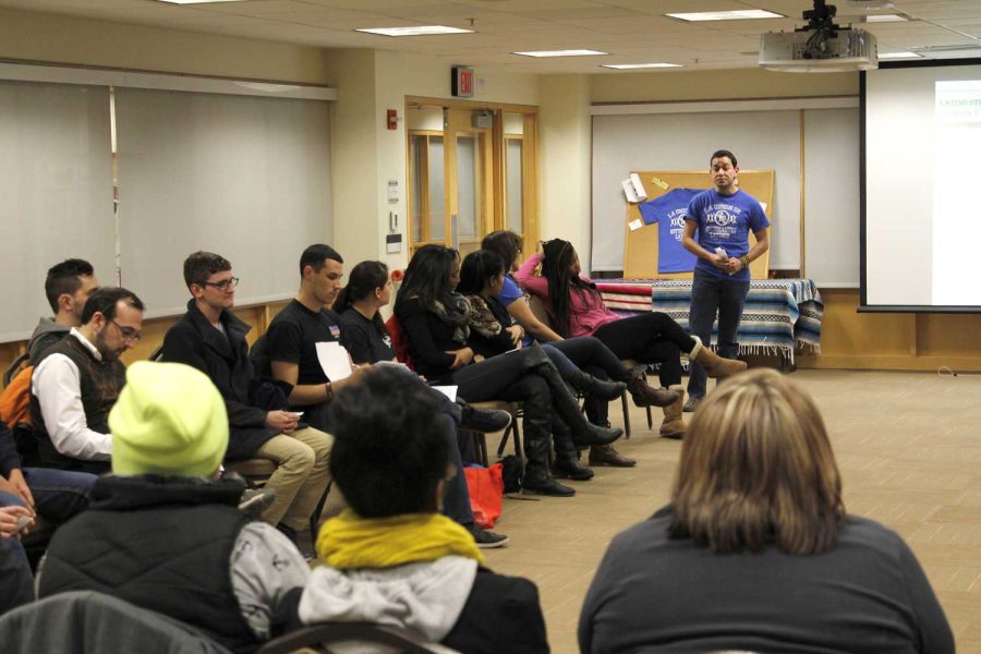 Juan Pimiento, president of the Latino Student Union addresses the organization at their first meeting of the semester.