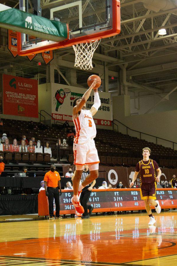 BGSUs Josiah Fulcher goes up for a dunk in their 90-69 victory over Central Michigan on Tuesday, Jan. 5, 2021 at the Stroh Center.