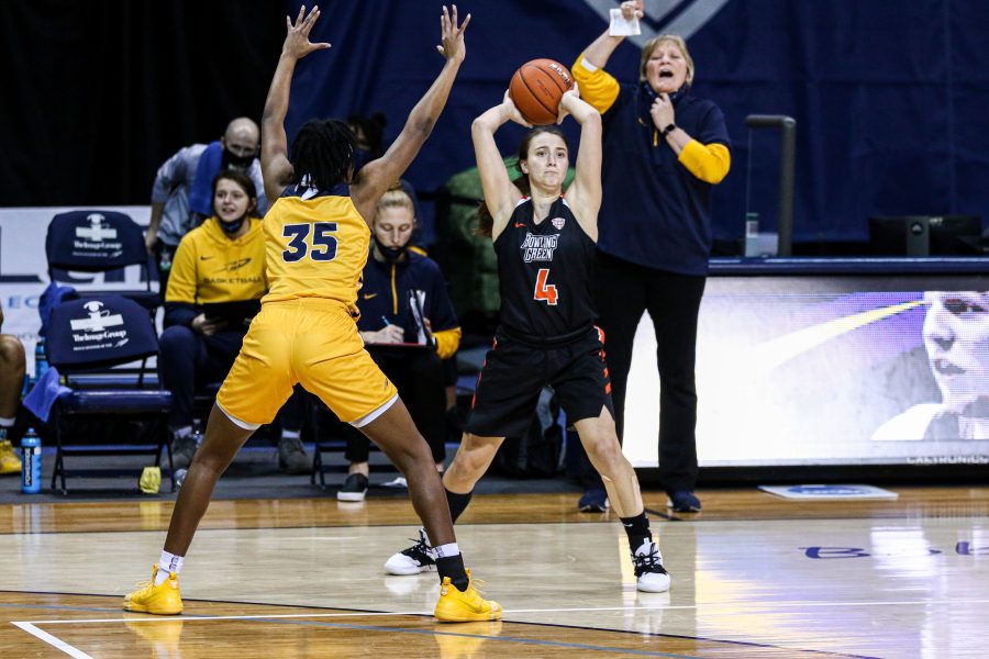 Madisen Parker (4), guarded by Halle Idowu (35) looks to pass the ball in BGSUs 69-57 victory over Toledo at Savage Arena on Saturday, Jan. 16, 2021.