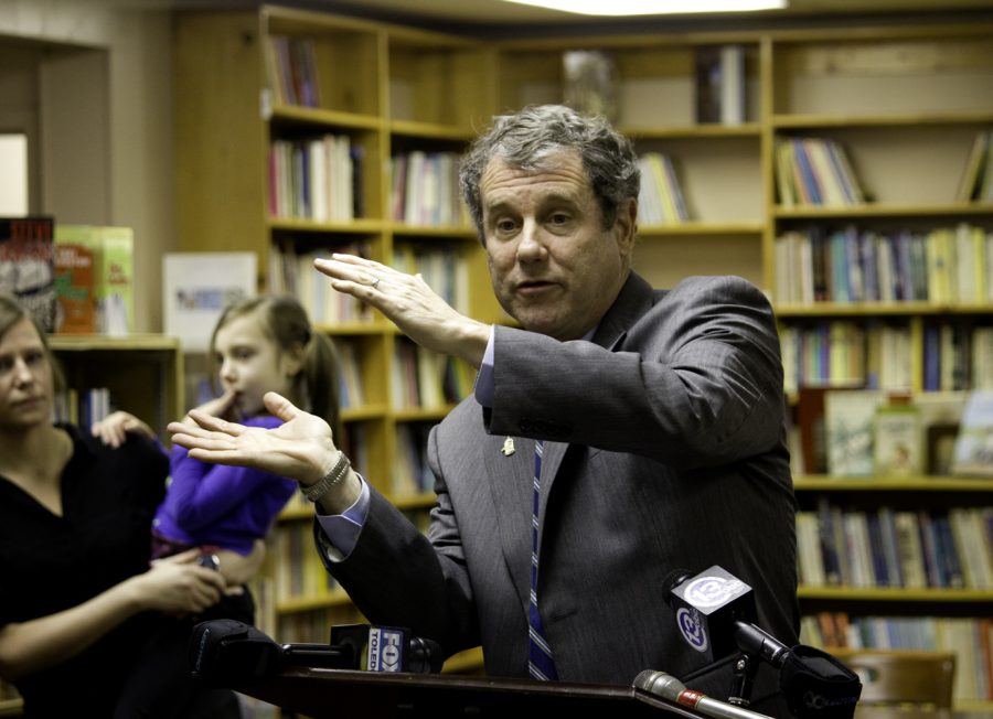 US Sen. Sherrod Brown (D-Ohio) speaks in support of raising the federal minimum wage at Grounds for Thought in downtown Bowling Green on Tuesday morning.