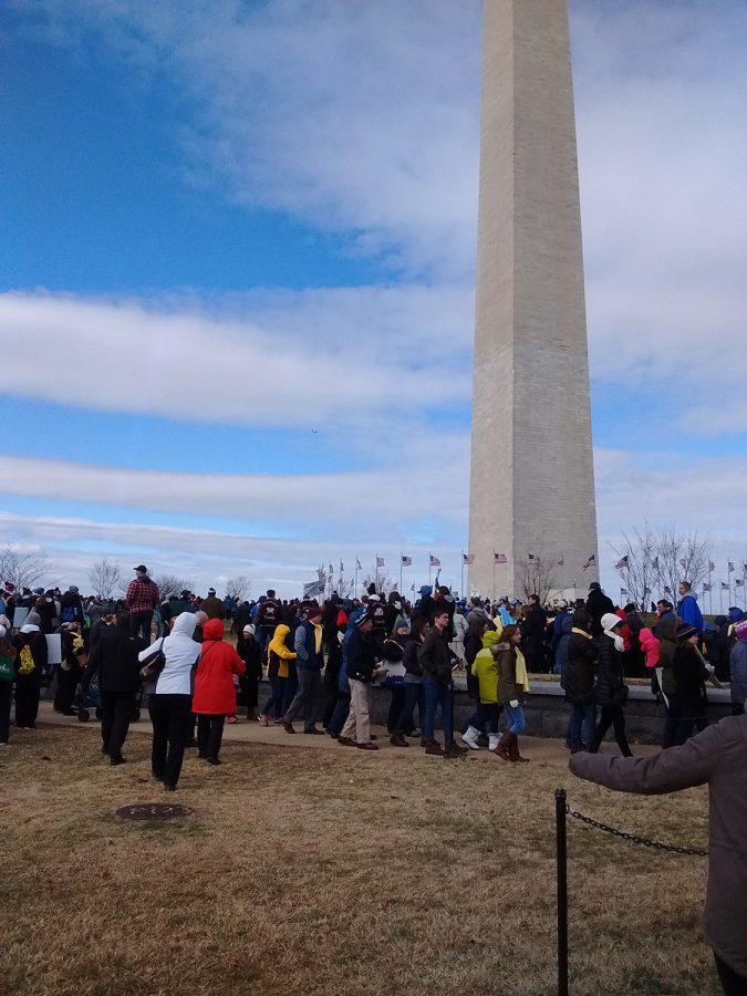 Marchers parade in front of the Washington Monument in D.C.