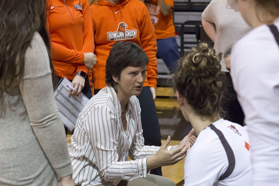 Head coach Danijela Tomic talks to her team during Saturday's game. The Falcons beat Eastern Michigan and Central Michigan continuing a five-game winning streak.