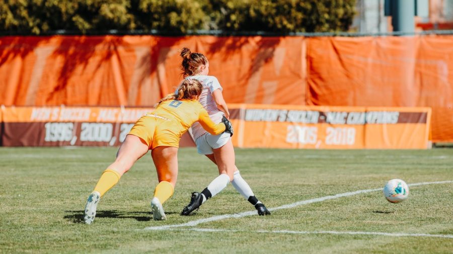 Katie Cox scores the opening goal of a 5-0 BGSU womens soccer win over Kent State on Sunday, March 22nd, 2021 at Cochrane Stadium. 
