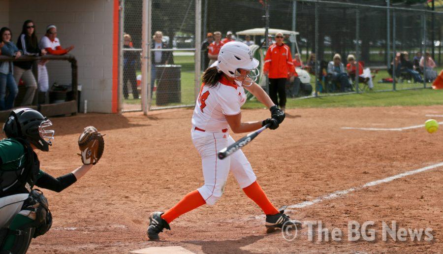 Hannah Fulk, BG infielder, swings at a pitch during the Falcons’ 6-1 victory against Eastern Michigan on Friday.