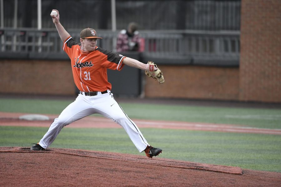 Gage Schenk delivers a pitch for BGSU baseball in their 17-16 road loss to Western Kentucky on Sunday, March 14, 2021. 