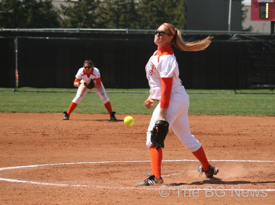 Jamie Kertes, BG pitcher, throws a pitch during the Falcons’ 5-2 victory against Eastern Kentucky earlier this season.