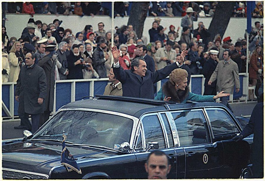 President Richard Nixon and first lady Patricia Nixon appear during the motorocade for Nixons second inauguration in Washington, D.C., January 20, 1973. (National Archives/MCT)