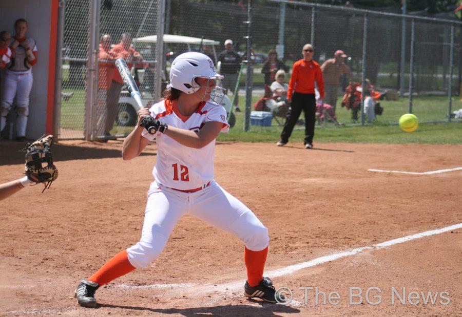 Kaite Yoho, BG infielder, prepares to take a swing at a pitch during the Falcons’ 5-2 victory against Eastern Kentucky earlier this season. Yoho was 2-for-6 in Monday’s doubleheader.