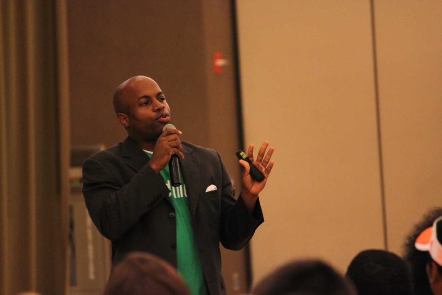 Justin Jones-Fosu speaking to students, faculty and staff about diversity.