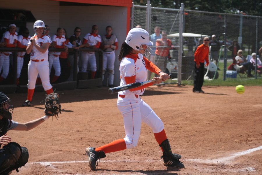 Melissa West, BG infielder, swings at a pitch during the Falcons’ 5-0 loss to Valparaiso earlier this season.