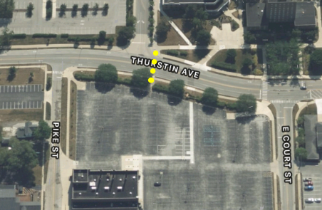Sky view of the proposed area for the new crosswalk. The yellow dots signify where the crosswalk will go.