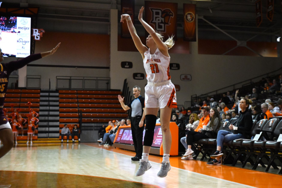 BG forward Allison Day launches a jumper against Central Michigan. 
Photo by Jack Rintamaa, Falcon Media