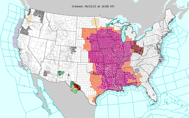The National Weather Service Heat Advisory map created on August 23