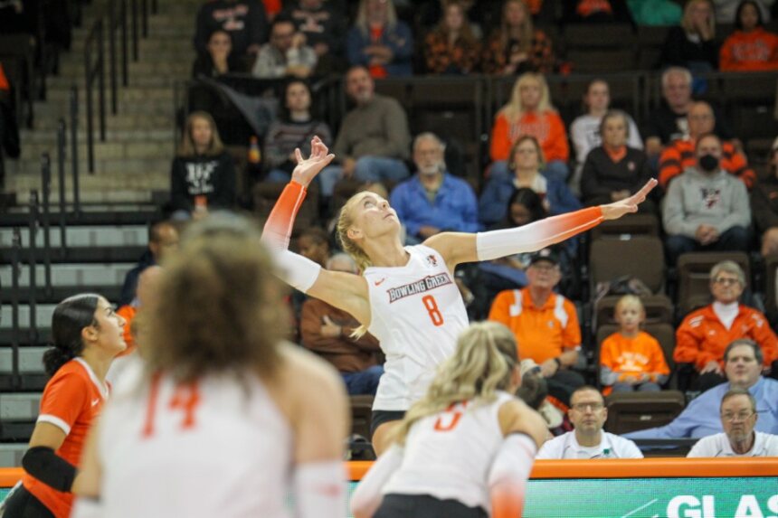 Kat Mandly goes for a kill against Kent State