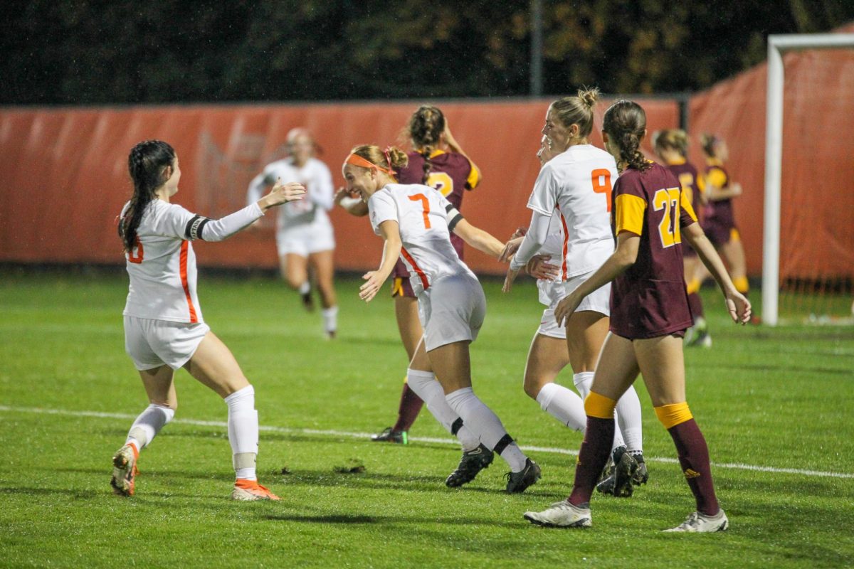 Maya Dean celebrates with her teammates after scoring her first goal of the night against Central Michigan. Deans goal 13 seconds in marks a new record for fastest BGSU goal ever scored in a match.