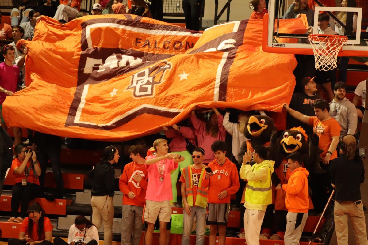The Falcon Fanatics wave their flag in the student section.
