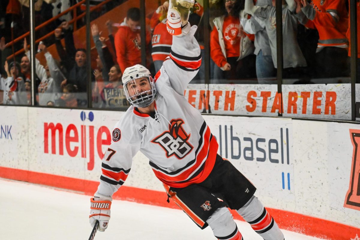 Ethan Scardina (17) celebrates after scoring the fourth and game-winning goal with a minute left in the third. 