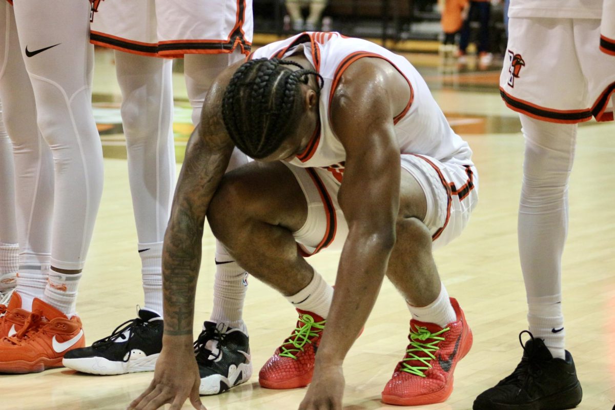 Marcus Hill (0) after the Falcons double overtime 77-76 loss to the Chippewas