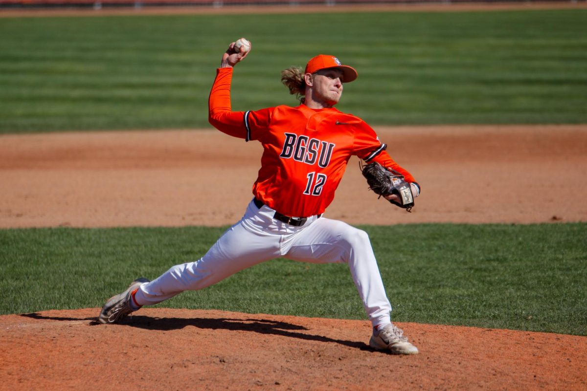 Bowling Green, OH - Falcons Junior Pitcher Connor Penrod (12) pitching the ball at Stellar Field in Bowling Green, Ohio