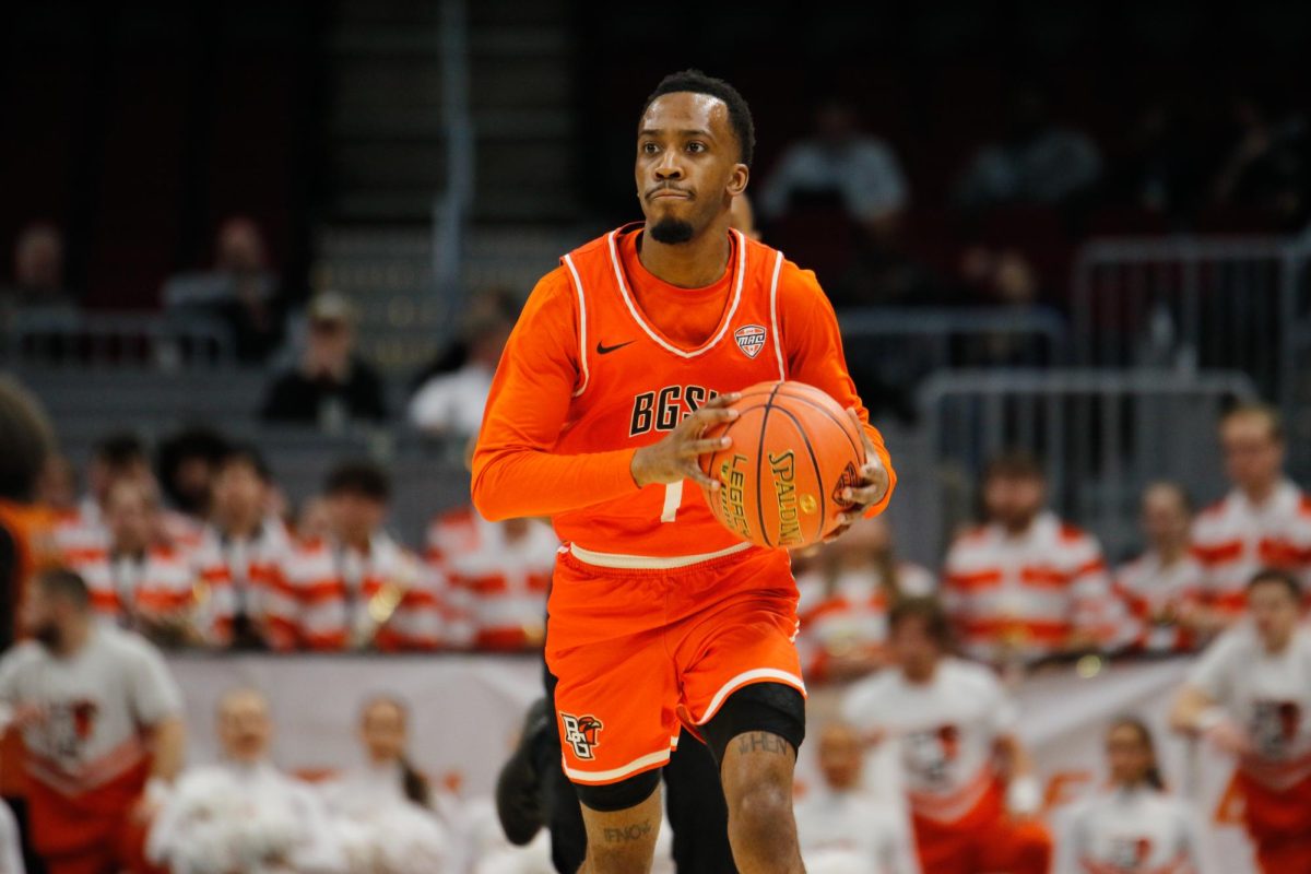 Cleveland, OH - Falcons Senior Trey Thomas (1) driving up the court looking for an open man to pass the ball too at Rocket Mortgage FieldHouse in Cleveland, Ohio