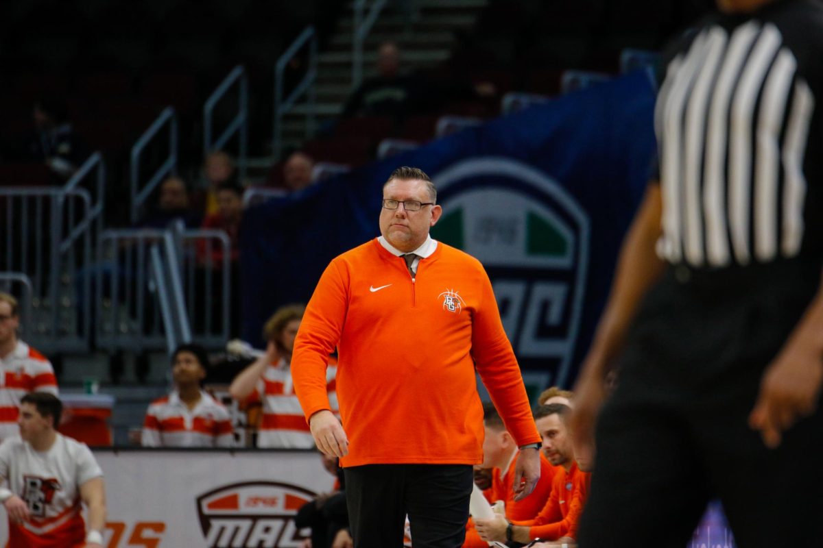 Cleveland, OH - Falcons Head Coach Todd Simon coaching in first MAC Tournament game in the MAC at Rocket Mortgage FieldHouse in Cleveland, Ohio
