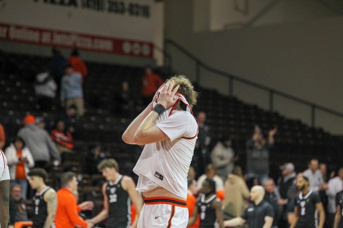 Bowling+Green%2C+OH+-+Falcons+Senior+Jason+Spurgin+%287%29+covering+his+face+in+sadness+after+their+77-75+loss+to+Purdue+Fort+Wayne+at+Stroh+Center+in+Bowling+Green%2C+Ohio