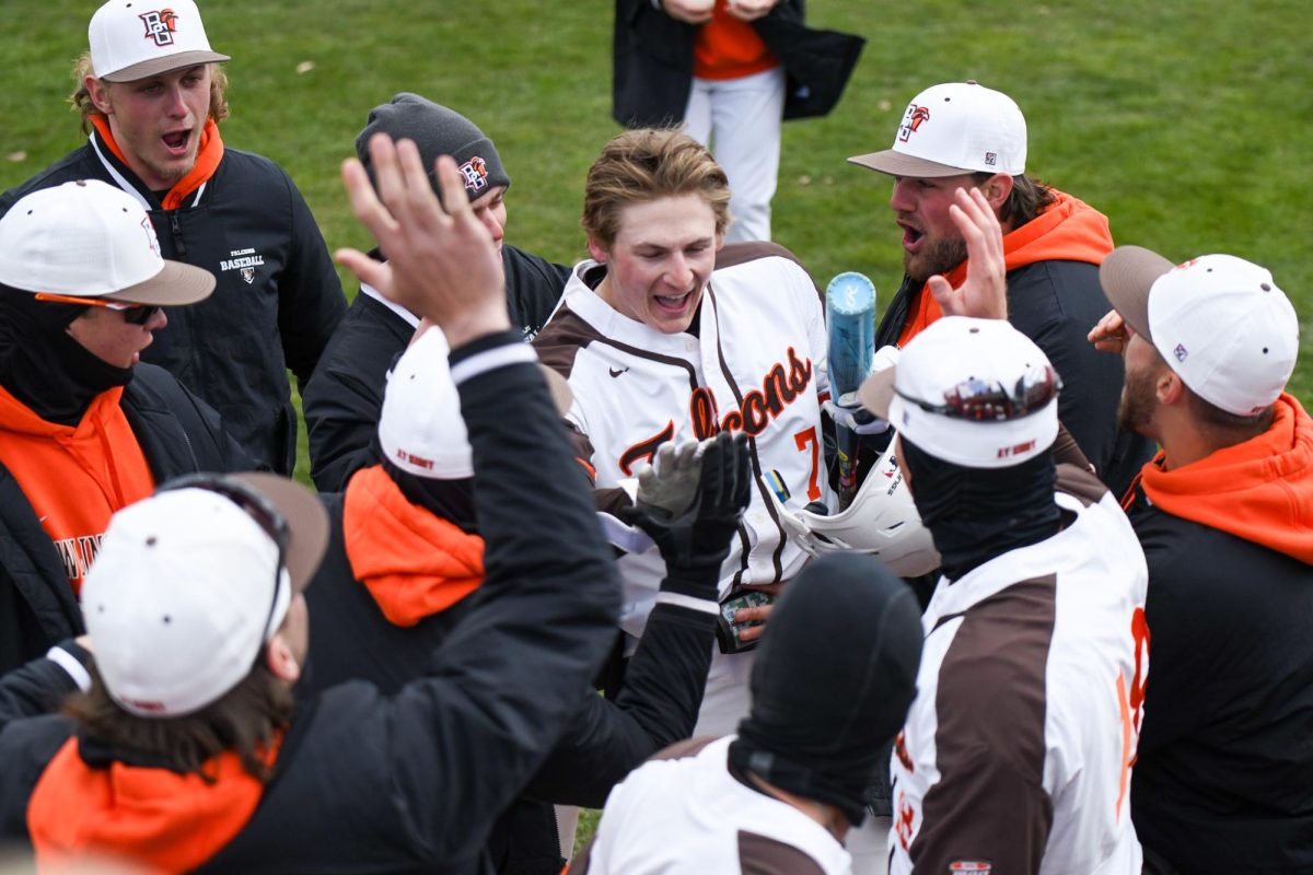 Bowling Green, OH - Falcons senior right fielder Jack Krause (7) celebrating his homerun with the dugoutat Steller Field in Bowling Green. Ohio