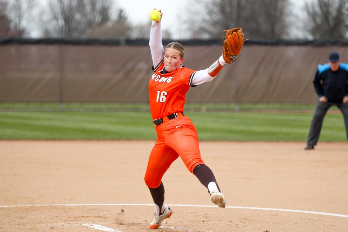Bowling Green, OH - Falcons Pitcher Freshman Emma Denison (16) winding up a pitch in a loss 3 - 8 over Toledo at the  Meserve Field, Bowling  Green, OH