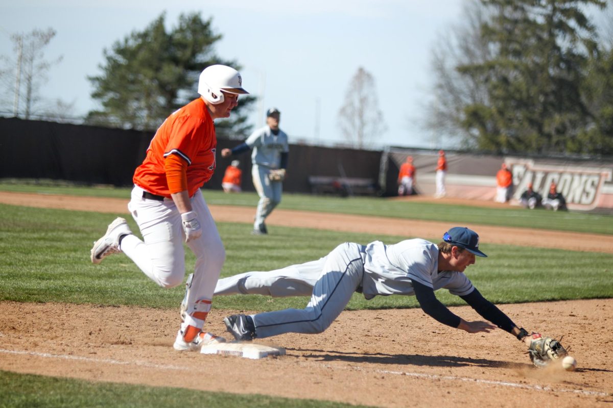 Bowling Green, OH - Falcons Freshman Infielder Brady Birchmeier (43) making it to first base with out getting out at Stellar Field in Bowling Green, Ohio