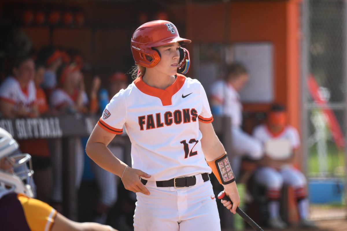 Bowling Green, OH - Game 2 Falcons infielder Cameron Kaufman (12) getting ready to take her at bat at Meserve Field in Bowling Green, Ohio