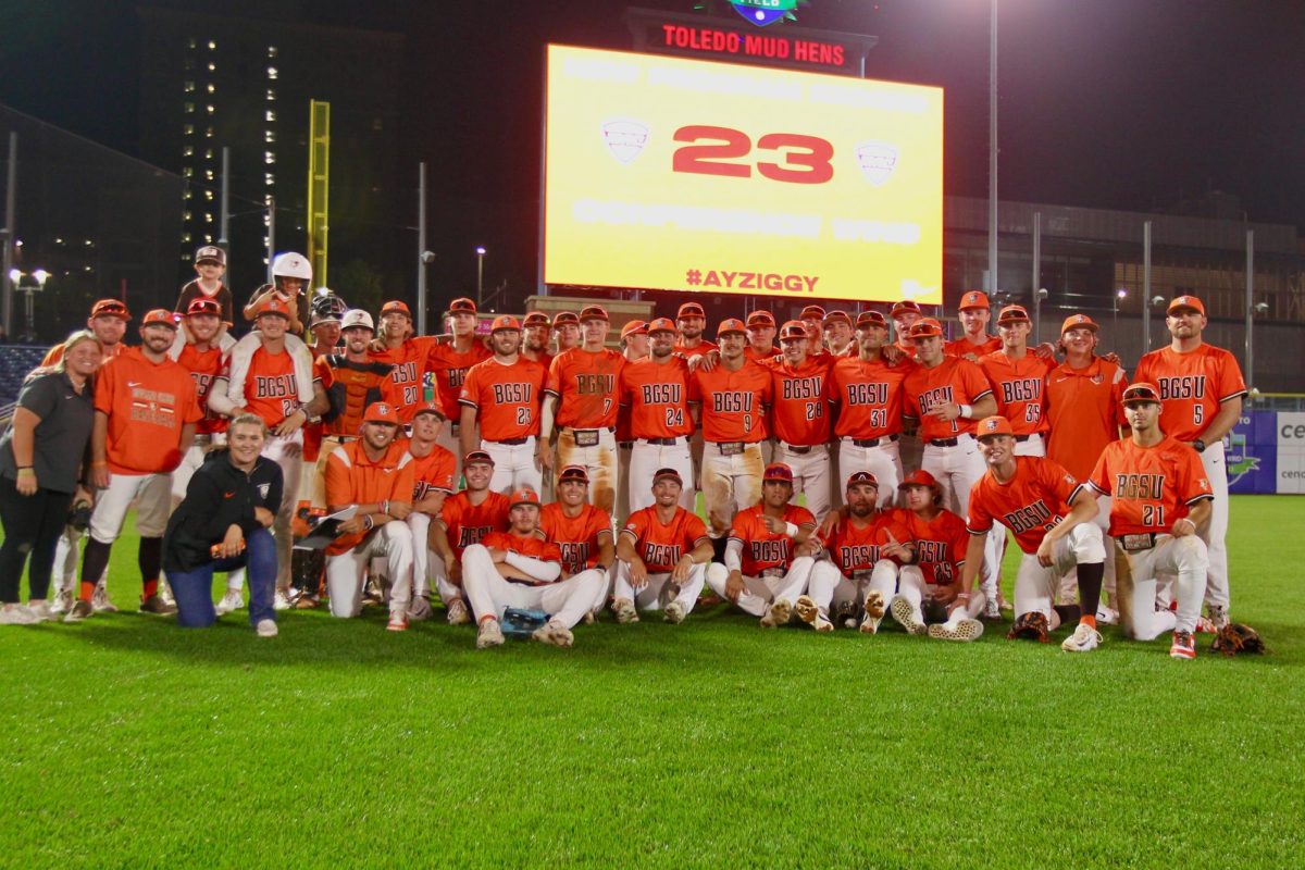 Bowling Green, OH – BGSU baseball team celebrating their program record 23rd MAC win of the season after defeating Toledo 8-6 at Fifth Third Field in Toledo, Ohio.