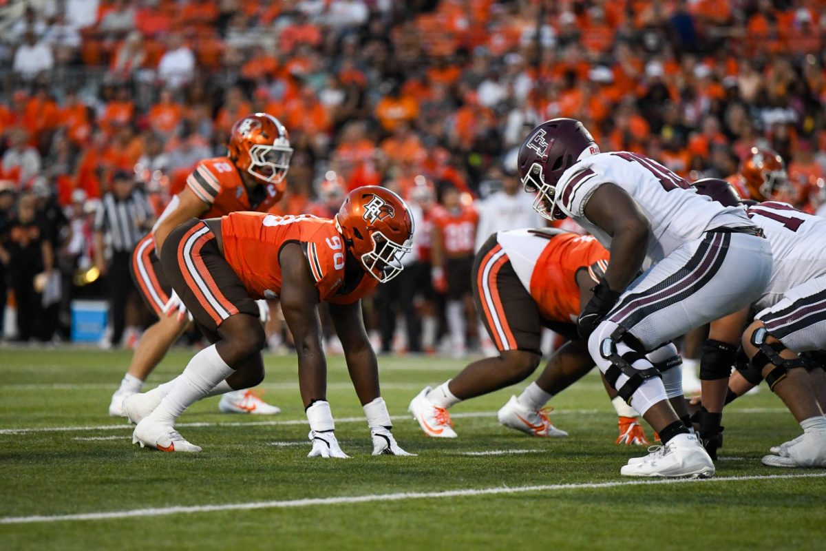 Bowling Green, OH - Falcons sophomore defensive lineman Davonte Miles (90) taking on the Fordham offensive line at Doyt Perry Stadium in Bowling Green, Ohio.