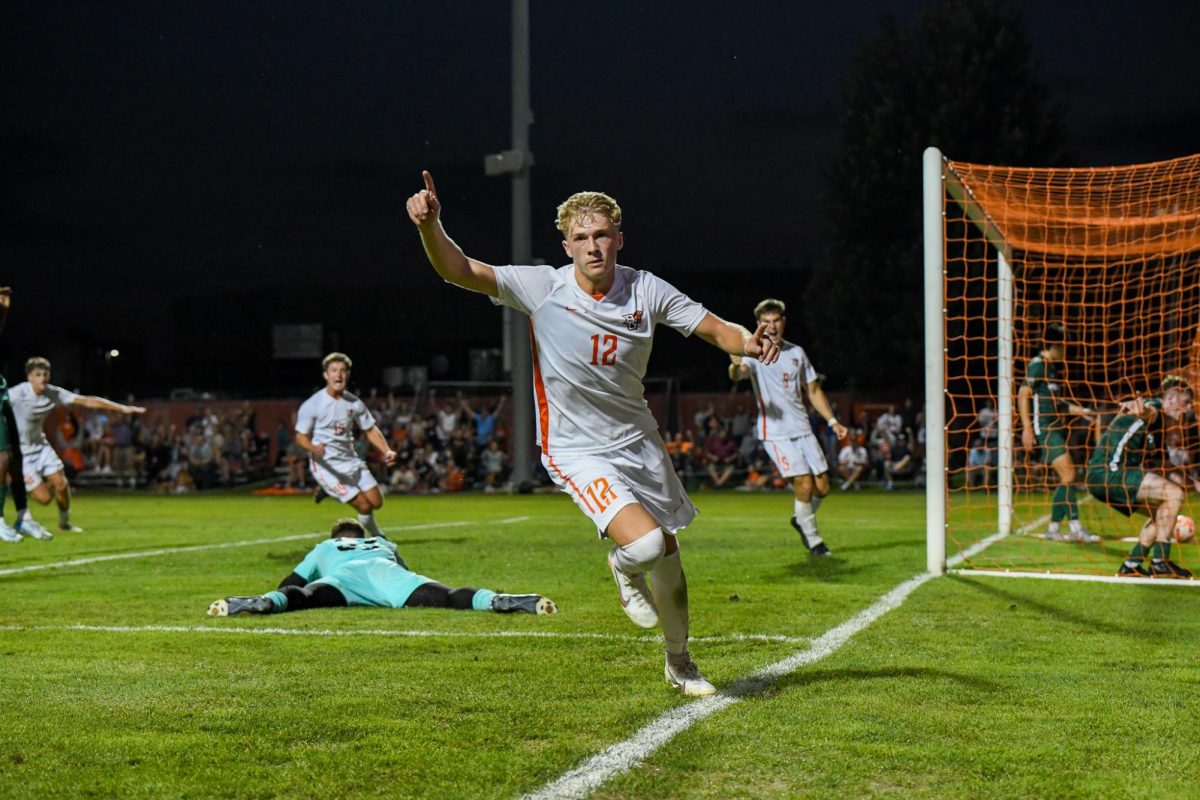 Bowling Green, Ohio – Falcons sophomore forward Bennett Painter (12) after scoring the Falcons third goal to take the lead late in the match at Cochrane Field at Bowling Green