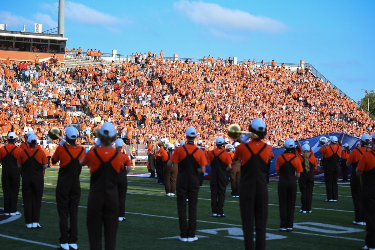 Bowling Green, OH - Falcon Marching Band playing their pregame show for a packed student section at Doyt Perry Stadium in Bowling Green, Ohio.